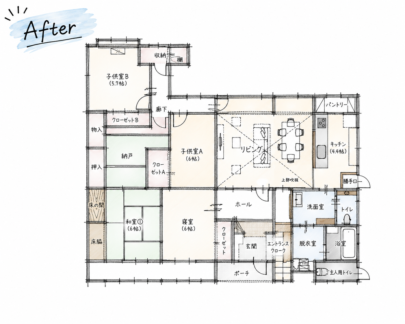 過去と未来を編み直す再生の軌跡。施工後見取り図