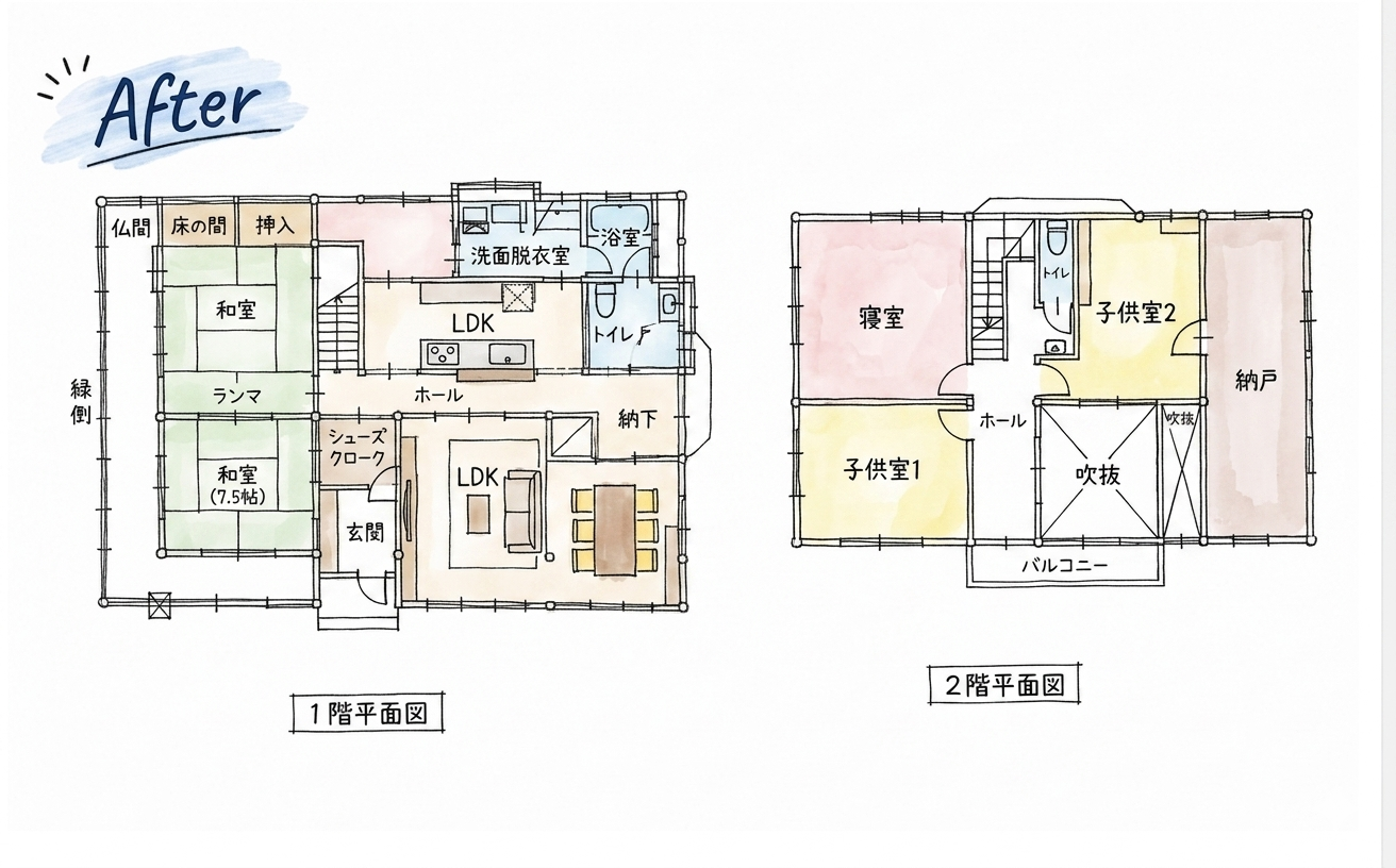 こだわりの詰まった古民家とヨーロピアンの共存施工後見取り図
